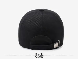 Detail view of the black corduroy winter cap back showing the adjustable metal buckle