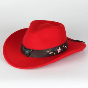 Vintage red wool felt fedora hat with floral embroidery and metallic bull head detail