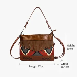 Bohemian fringe crossbody bag with geometric tapestry and brown PU leather accents