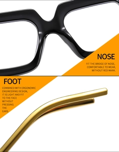 Detail of ergonomic nose pads and gold metal temples on black square eyewear frames