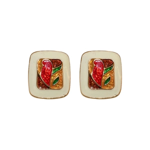 Vintage enamel square stud earrings with colorful oil painting floral pattern and gold trim