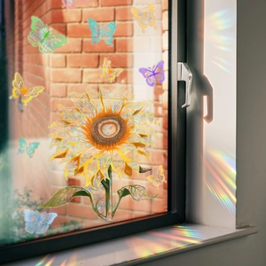 Rainbow prism sunflower and butterfly window clings with colorful light refraction effects