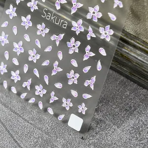 5D embossed sakura nail stickers with purple cherry blossom designs for elegant nail art