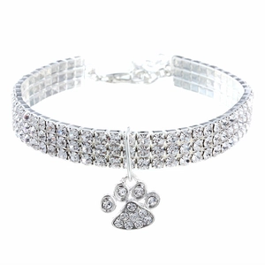 Pet Collar Necklace Alloy Rhinestone Triple Row Elastic Paw Print Pendant For Dogs Cats Shiny Jewelry