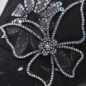Classic black lace baseball cap with colorful rhinestone butterfly embroidery detail
