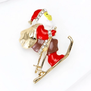 Cute Christmas Santa Claus skiing brooch pin with colorful enamel and sparkling rhinestones