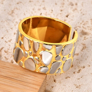 Two-tone pebble textured wide open ring in 18k gold plated stainless steel