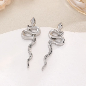 Polished silver snake drop earrings with minimalist curved design for women