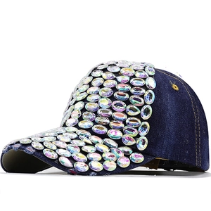 Rhinestone Baseball Cap Cotton Denim Shiny AB Crystal Studded Fashion Sun Hat Adjustable For Women