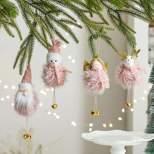 Pink Plush Christmas Hanging Ornaments Santa Snowman Angel Reindeer With Gold Bells Holiday Tree Decorations Cute Fabric