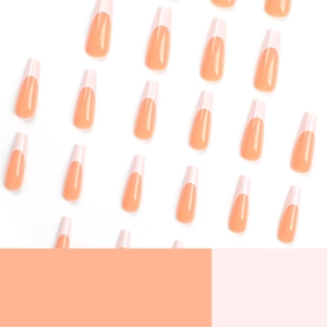 French style long coffin press-on nails featuring a vibrant coral orange and pink gradient