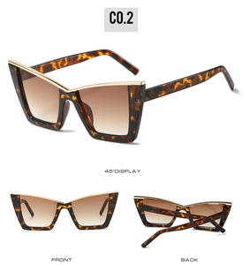 Three-way view of tortoiseshell cat-eye sunglasses with gold metal trim and brown lenses