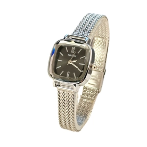 Elegant women's silver square watch with black dial and stainless steel mesh strap