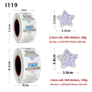 Detailed size comparison for 2.5cm and 3.8cm holographic star stickers, 500 labels per roll