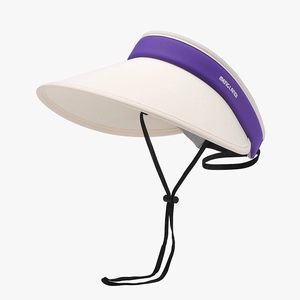 Foldable wide brim sun visor hat for women in beige and purple with adjustable chin strap