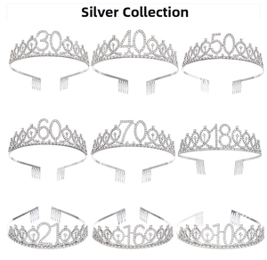 Detailed collection of silver birthday tiaras with rhinestones for various ages 10 to 70