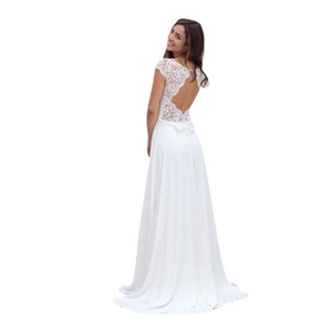 Elegant white lace backless chiffon long dress for weddings and formal evening parties
