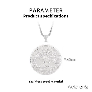 Detail showing 45mm stainless steel tree of life pendant with intricate cutout patterns