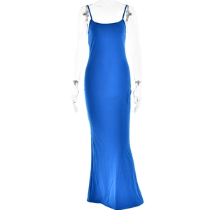 Detailed close-up of blue backless bodycon dress with spaghetti straps on mannequin