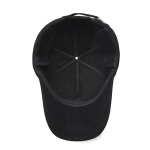 Men's winter wool baseball cap in black showing interior lining and metal buckle