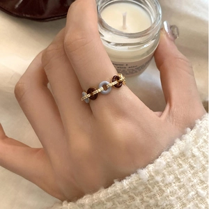 French vintage gold zircon open ring featuring brown and light purple enamel circles
