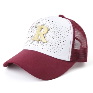Burgundy and white baseball cap with rhinestone letter R and breathable mesh back