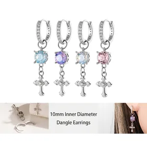 Cross Pendant Huggie Hoop Earrings Round Zirconia Dangle Drop Ear Cartilage Piercing Jewelry Copper Silver Color Cool Style