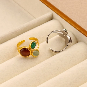 Bague réglable en acier inoxydable avec trois pierres œil de chat en or et argent