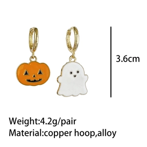 Detail view of Halloween pumpkin and ghost drop earrings with size and weight specs