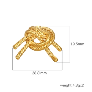 Elegant 18K gold wheat-pattern knot earrings with precise measurements 28.8x19.5mm