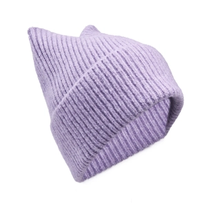 Detailed texture of lavender purple cat ear knitted hat with thick ribbed pattern