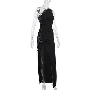 Detail view of black one-shoulder dress with side lace-up cutout and high split design