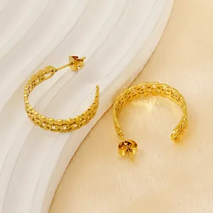 Chic 18K gold-plated double-layer hoop earrings with textured hollow woven C-shape design