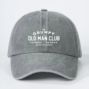 Vintage dark gray washed cotton baseball cap with Grumpy Old Man Club print for sun protection