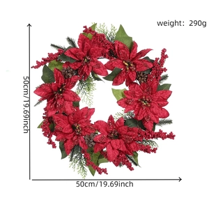 Detail of 50cm Christmas wreath with red poinsettia berries pine cones and needles