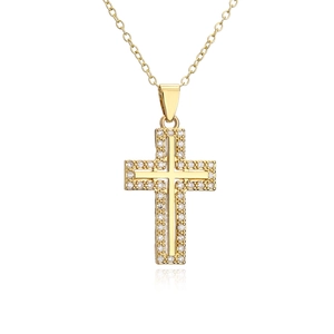 18K gold plated copper necklace with a double-layered zircon cross pendant on a white background