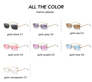 Detail view of seven rimless square sunglasses in gradient colors with gold metal temples