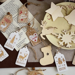 Christmas wooden hanging ornaments set with Merry Christmas tags and rustic twine