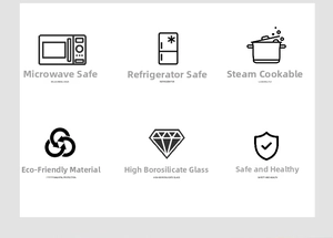 Icons showing heat resistant high borosilicate glass for microwave, freezer, and oven use