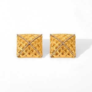 Macro detail of gold square earrings with diamond-pattern quilted texture and bead accents