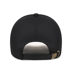 Rear view of black business baseball cap with diamond texture and adjustable metal sport buckle