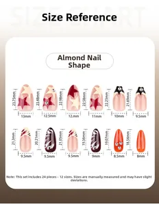 Detailed size chart for almond-shaped press-on nails featuring 12 sizes and 24 pieces set