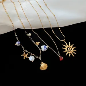 Collana Con Ciondolo Stella Marina Conchiglia Acciaio Inossidabile Perla Artificial Porcellana Stile Oceano Gioielli Boho Da Donna Oro