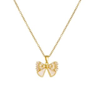 Collier nœud doré avec pendentif papillon en nacre et zircons cubiques pour femmes