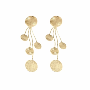 Golden round textured fringe earrings with tiered drop design on white background