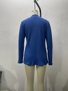 Detailed back view of dark blue long-sleeve ribbed knit cardigan in slim-fit design