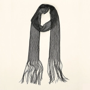 Detail of black knit scarf featuring delicate mesh texture and long fringe tassels