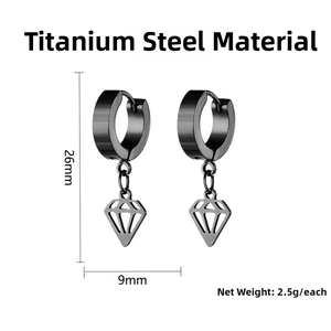 Macro detail of black titanium steel earrings with diamond-shaped hollow pendant and sizes
