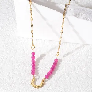 Minimalist gold stainless steel necklace with rose pink beads and sunburst pendant