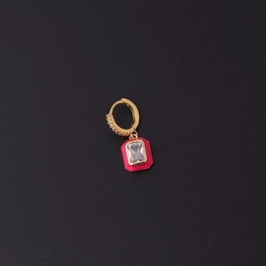 Pink enamel square geometric earring with sparkling zircon and gold hoop fastening